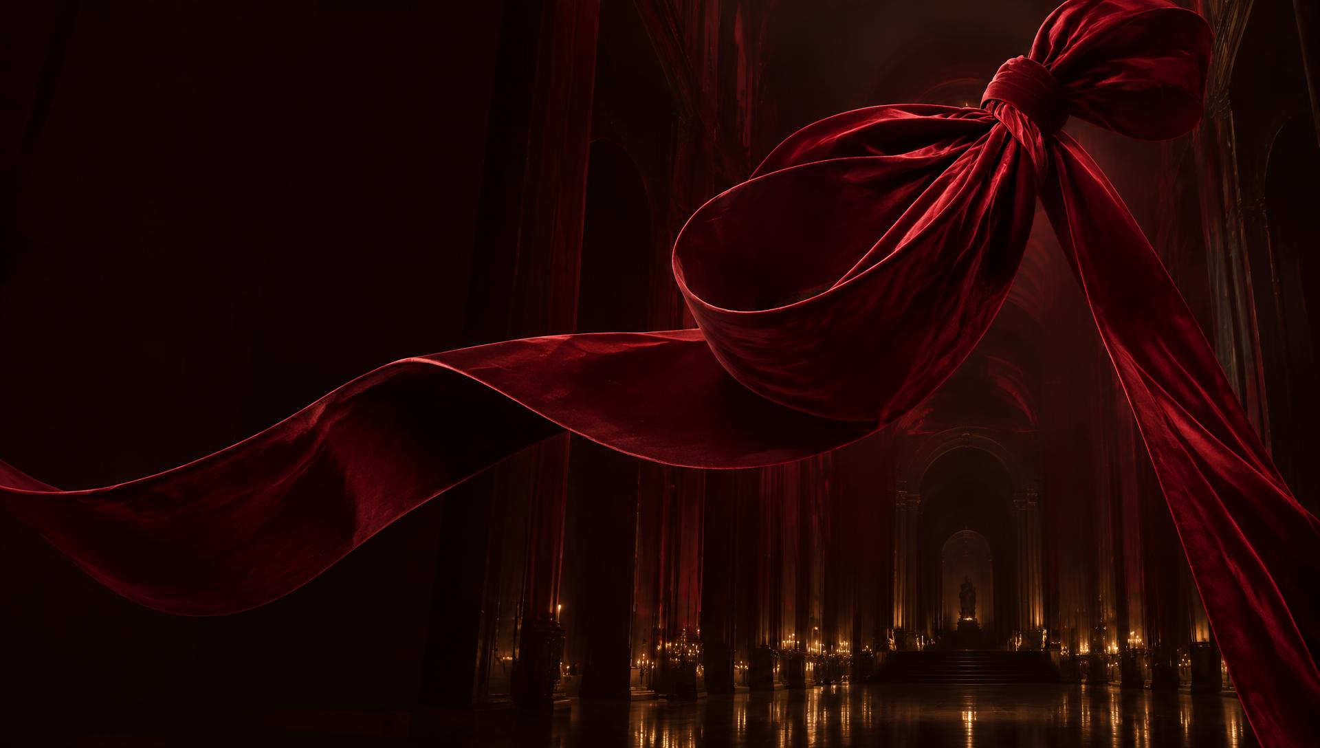 A monumental ruby velvet ribbon suspended in a vast candlelit hall
